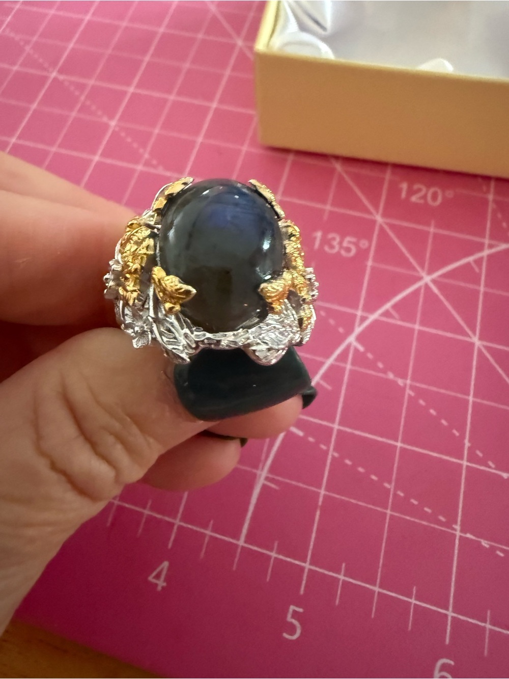 EverTrue Labradorite Floral & Butterfly Ring Size9 18kt Gold Plated Platinum Bon